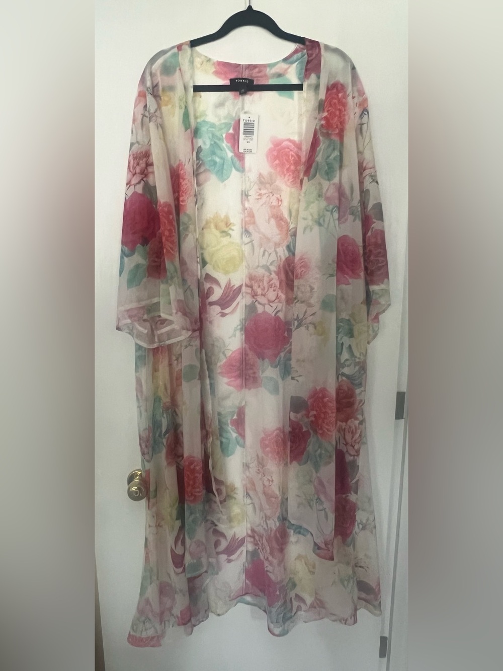 Sheer Floral Maxi Kimono - Pink, Teal & Yellow Roses